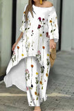 hulianfu Casual Print Asymmetrical O Neck Three Quarter Two Pieces(6 Colors)