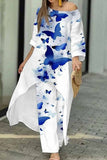 hulianfu Casual Print Asymmetrical O Neck Three Quarter Two Pieces(6 Colors)