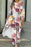 hulianfu Casual Print Asymmetrical O Neck Three Quarter Two Pieces(6 Colors)