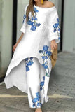 hulianfu Casual Print Asymmetrical O Neck Three Quarter Two Pieces(6 Colors)
