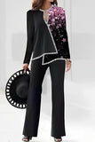 hulianfu Casual Print Asymmetrical V Neck Long Sleeve Two Pieces