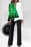 hulianfu Casual Print Asymmetrical V Neck Long Sleeve Two Pieces