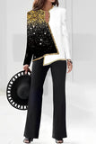 hulianfu Casual Print Asymmetrical V Neck Long Sleeve Two Pieces