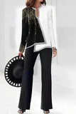 hulianfu Casual Print Asymmetrical V Neck Long Sleeve Two Pieces
