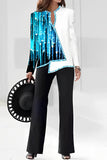 hulianfu Casual Print Asymmetrical V Neck Long Sleeve Two Pieces