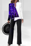 hulianfu Casual Print Asymmetrical V Neck Long Sleeve Two Pieces