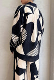 hulianfu Casual Geometric Print Pocket Turndown Collar Two Pieces