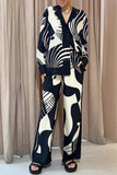 hulianfu Casual Geometric Print Pocket Turndown Collar Two Pieces