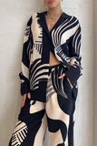 hulianfu Casual Geometric Print Pocket Turndown Collar Two Pieces