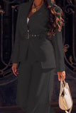 hulianfu Work Elegant Solid With Belt Turn-back Collar Long Sleeve Two Pieces