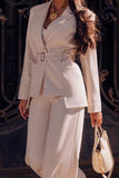 hulianfu Work Elegant Solid With Belt Turn-back Collar Long Sleeve Two Pieces