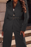 hulianfu Work Elegant Solid With Belt Turn-back Collar Long Sleeve Two Pieces