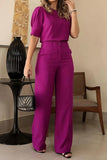 hulianfu Casual Elegant Solid Pocket O Neck Half Sleeve Two Pieces