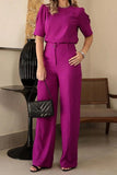 hulianfu Casual Elegant Solid Pocket O Neck Half Sleeve Two Pieces