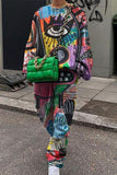 hulianfu Casual Print Patchwork O Neck Long Sleeve Two Pieces