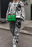 hulianfu Casual Print Patchwork O Neck Long Sleeve Two Pieces