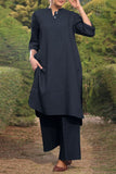 hulianfu Casual Solid Pocket O Neck Long Sleeve Two Pieces