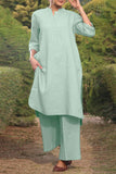 hulianfu Casual Solid Pocket O Neck Long Sleeve Two Pieces
