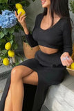 hulianfu Sexy Solid Slit O Neck Long Sleeve Two Pieces
