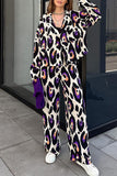 hulianfu Casual Print Turndown Collar Long Sleeve Two Pieces