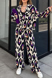 hulianfu Casual Print Turndown Collar Long Sleeve Two Pieces