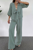 hulianfu Casual Simplicity Solid Pocket V Neck Three Quarter Two Pieces(3 Colors)