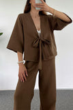 hulianfu Casual Simplicity Solid Pocket V Neck Three Quarter Two Pieces(3 Colors)