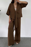 hulianfu Casual Simplicity Solid Pocket V Neck Three Quarter Two Pieces(3 Colors)