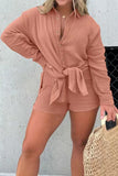 hulianfu Casual Solid Patchwork Turndown Collar Long Sleeve Two Pieces