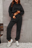 hulianfu Casual Sportswear Solid Fold Hooded Collar Long Sleeve Two Pieces