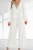 hulianfu Casual Solid Lace Patchwork V Neck Long Sleeve Two Pieces