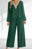 hulianfu Casual Solid Lace Patchwork V Neck Long Sleeve Two Pieces