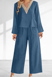 hulianfu Casual Solid Lace Patchwork V Neck Long Sleeve Two Pieces