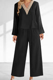 hulianfu Casual Solid Lace Patchwork V Neck Long Sleeve Two Pieces