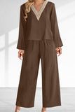 hulianfu Casual Solid Lace Patchwork V Neck Long Sleeve Two Pieces