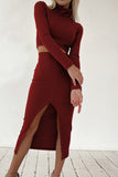 hulianfu Elegant Solid Slit Turtleneck Long Sleeve Two Pieces(4 Colors)