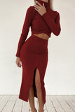 hulianfu Elegant Solid Slit Turtleneck Long Sleeve Two Pieces(4 Colors)