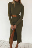 hulianfu Elegant Solid Slit Turtleneck Long Sleeve Two Pieces(4 Colors)
