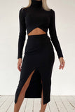 hulianfu Elegant Solid Slit Turtleneck Long Sleeve Two Pieces(4 Colors)