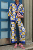 hulianfu Casual Street Print Patchwork Turndown Collar Long Sleeve Two Pieces