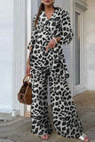 hulianfu Casual Leopard Patchwork Turndown Collar Long Sleeve Two Pieces