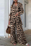 hulianfu Casual Leopard Patchwork Turndown Collar Long Sleeve Two Pieces