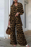 hulianfu Casual Leopard Patchwork Turndown Collar Long Sleeve Two Pieces
