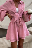 hulianfu Sweet Solid Turndown Collar Long Sleeve Two Pieces