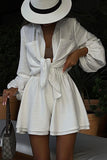 hulianfu Sweet Solid Turndown Collar Long Sleeve Two Pieces