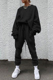 hulianfu Casual Solid Pocket O Neck Long Sleeve Two Pieces
