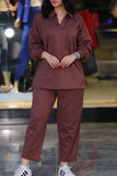 hulianfu Casual Solid Patchwork Turndown Collar Long Sleeve Two Pieces