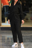 hulianfu Casual Solid Patchwork Turndown Collar Long Sleeve Two Pieces