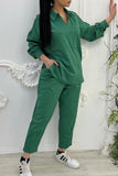 hulianfu Casual Solid Patchwork Turndown Collar Long Sleeve Two Pieces