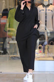 hulianfu Casual Solid Patchwork Turndown Collar Long Sleeve Two Pieces